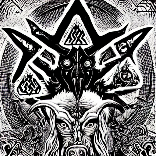 heavy metal album cover with a large firey pentagram emblem in the background with a horned baphomet in the center, occult symbolism, 6 6 6, satanic, by H.R. Giger, by Wangechi Mutu, Logo, Electric Colors, High Contrast, Evil, Halfrear Lighting, Incandescent, Mechanoluminescence, Shadows, Molten Mercury Metal, Inferno, Glowing Edges