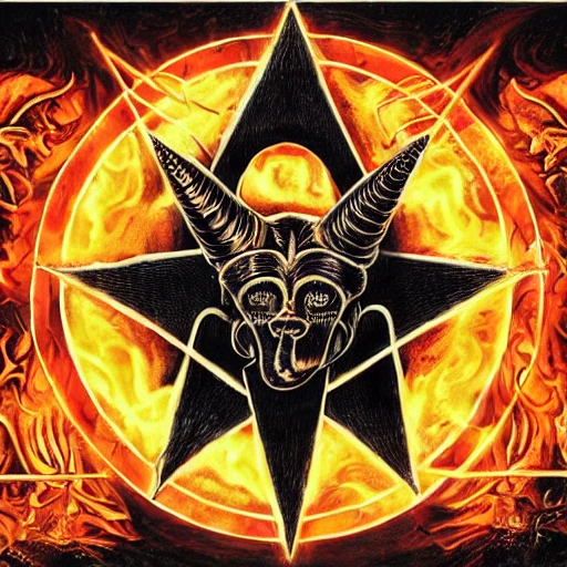 heavy metal poster art with a large firey pentagram in the background with a horned baphomet in the center, occult symbolism, 6 6 6, satanic, by H.R. Giger, by Wangechi Mutu, Logo, Electric Colors, High Contrast, Evil, Halfrear Lighting, Incandescent, Mechanoluminescence, Shadows, Molten Mercury Metal, Inferno, Glowing Edges