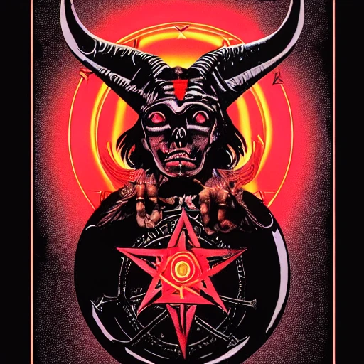 heavy metal poster art with a large glowing red pentagram in the background with a horned baphomet in the center, occult symbolism, 6 6 6, satanic, graphic design, by H.R. Giger, by Wangechi Mutu, Logo, Electric Colors, High Contrast, Evil, Incandescent, Mechanoluminescence, Shadows, Molten Mercury Metal, Inferno, Glowing lines, artstation