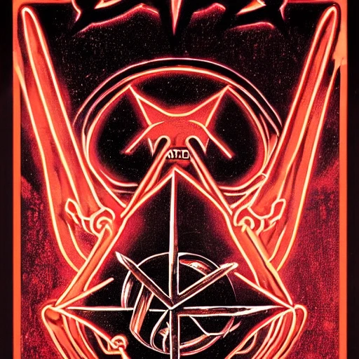 heavy metal poster art with a large glowing red pentagram in the background with a horned baphomet in the center, occult symbolism, 6 6 6, satanic, graphic design, by H.R. Giger, simple Logo, Electric Colors, High Contrast, Evil, Incandescent, Mechanoluminescence, Shadows, Molten Mercury Metal, Inferno, Glowing lines, neon, artstation