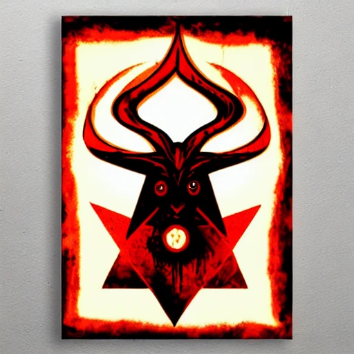 heavy metal poster with a large glowing red pentagram in the background with a horned baphomet in the center, occult symbolism, 6 6 6, satanic, graphic design, by H.R. Giger, Shadows, Marker Art, Logo, Block Printing, Poster, Wall Decal, Neon, Electric Colors, Triadic-Colors, High Contrast, Evil, Inferno, Incandescent, Glowing lines, Mechanoluminescence, Metal, ornate, detailed