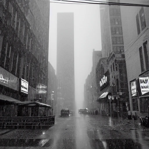 black and white, artistic photography, raining in new-york in the 1950s, downtown at day, 8k, cinematic lighting, very fine detail, sharp focus