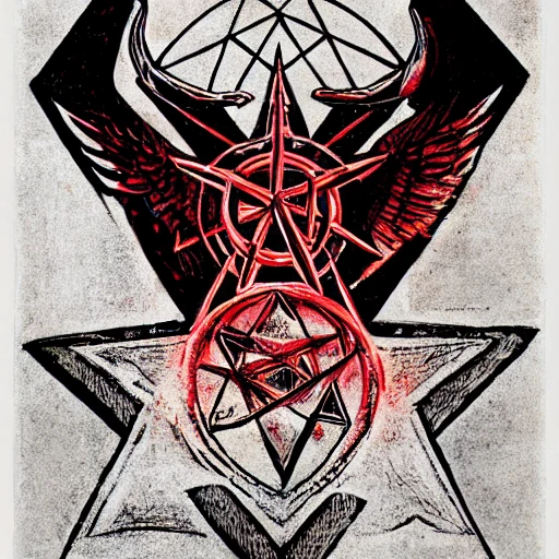 heavy metal poster with a large glowing red pentagram in the background with a horned baphomet in the center, occult symbolism, 6 6 6, satanic, by H.R. Giger, Shadows, Marker Art, Logo, Block Printing, Poster, Neon, Electric Colors, Triadic-Colors, High Contrast, Evil, Inferno, Incandescent, Glowing lines, Mechanoluminescence, Metal, ornate, detailed