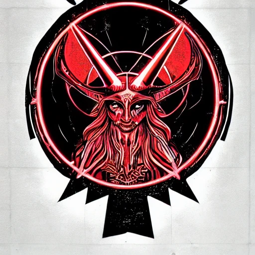 heavy metal poster with a large glowing red pentagram in the background with a horned baphomet in the center, occult symbolism, 6 6 6, satanic, graphic design, by H.R. Giger, Shadows, Logo, Poster, Neon, Electric Colors, Triadic-Colors, High Contrast, Evil, Inferno, Incandescent, Glowing lines, Mechanoluminescence, Metal, ornate, elegant, detailed