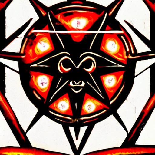 heavy metal poster with a large glowing red pentagram on a dark background with a horned demon in the center, baphomet, satan, occult symbolism, 6 6 6, satanic, graphic design, by H.R. Giger, Shadows, Logo, Poster, Neon, Electric Colors, Triadic-Colors, High Contrast, Evil, Inferno, Incandescent, Glowing lines, Mechanoluminescence, Metal, ornate, elegant, detailed