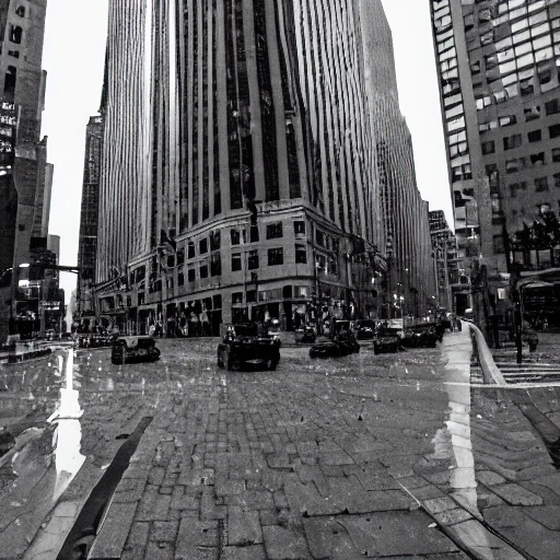 black and white, artistic photography, raining in new-york, downtown at day, trade center, 8k, cinematic lighting, very fine detail, sharp focus