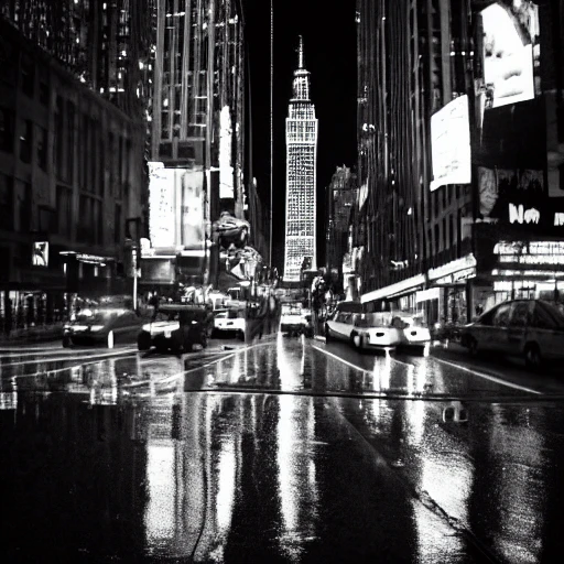 black and white, artistic photography, raining in new-york, downtown at day, empire state building, 8k, cinematic lighting, very fine detail, sharp focus