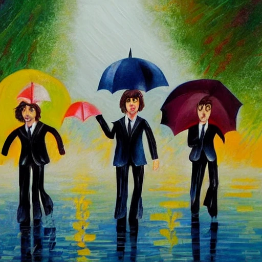 The Beatles with umbrella walking under rain, Cartoon, Oil Painting