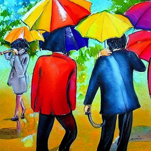 The Beatles with umbrella walking under rain, Cartoon, Oil Painting, Water Color