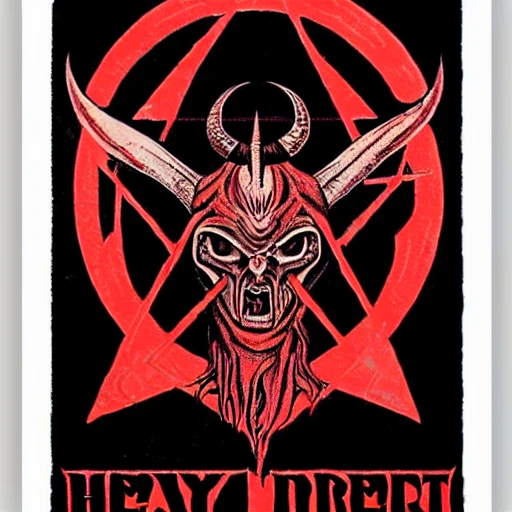 heavy metal poster with a large glowing red pentagram on a dark background with a horned demon in the center, baphomet, satan, occult symbolism, 6 6 6, satanic, graphic design, by H.R. Giger, Calligraphy, Logo, Block Printing, Poster, Neon, Electric Colors, Triadic-Colors, Tones of Black in Background, High Contrast, Evil, Incandescent, Neon Lamp, Flare, Hard Lighting, Shadows, Inferno, Metal, ornate, elegant, detailed