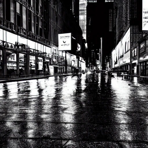 black and white, artistic photography, raining in new-york, downtown, 8k, cinematic lighting, very fine detail, sharp focus