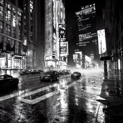 illustration, black and white, raining in new-york, downtown, 8k, cinematic lighting, very fine detail, sharp focus