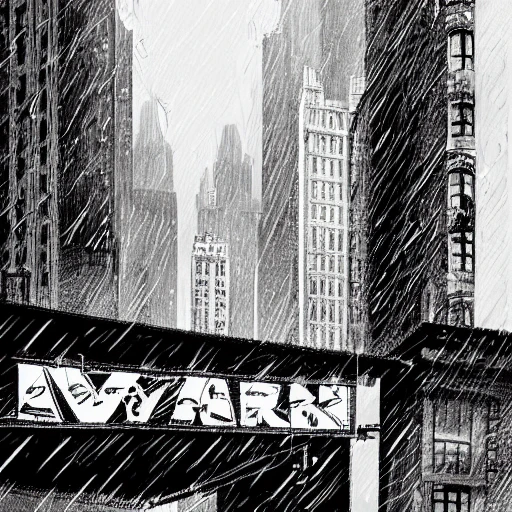 illustration, black and white, raining in new-york, at day, downtown, 8k, cinematic lighting, very fine detail, sharp focus