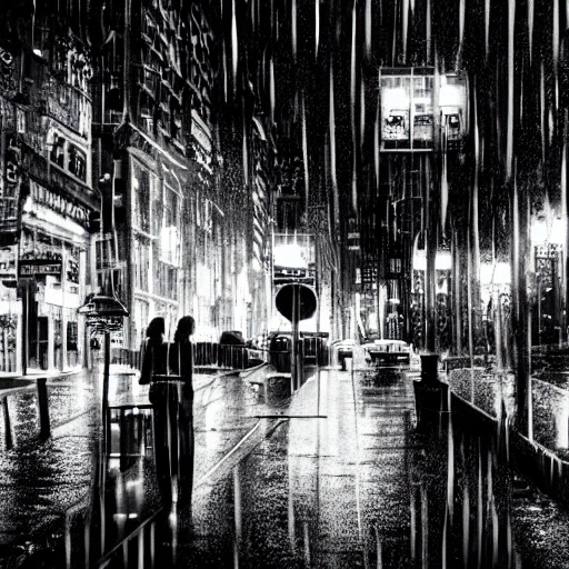 high quality illustration, black and white, raining in new-york, at day, downtown, 8k, cinematic lighting, very fine detail, sharp focus