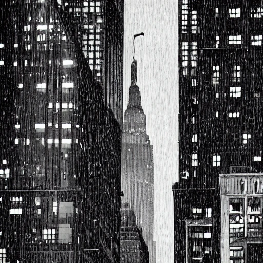 high quality illustration, black and white, raining in new-york, empire state building, downtown city, 8k, cinematic lighting, very fine detail, sharp focus