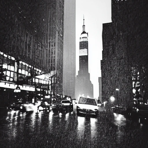 high quality illustration, black and white, raining in new-york, empire state building, downtown city, 8k, cinematic lighting, very fine detail, sharp focus