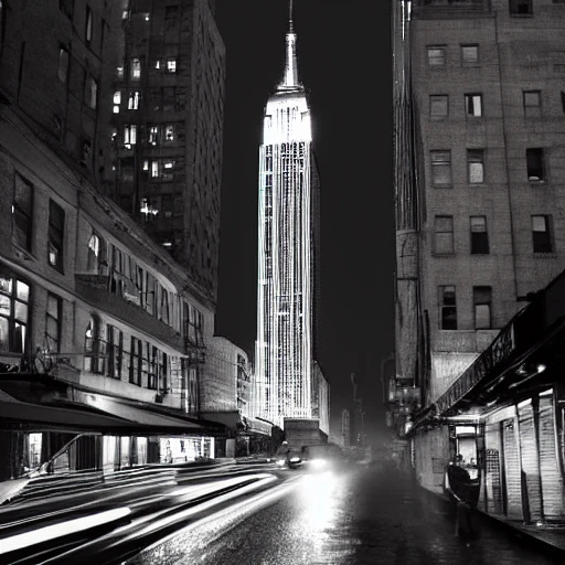 high quality illustration, black and white, raining in new-york, empire state building, downtown city, 8k, cinematic lighting, very fine detail, sharp focus