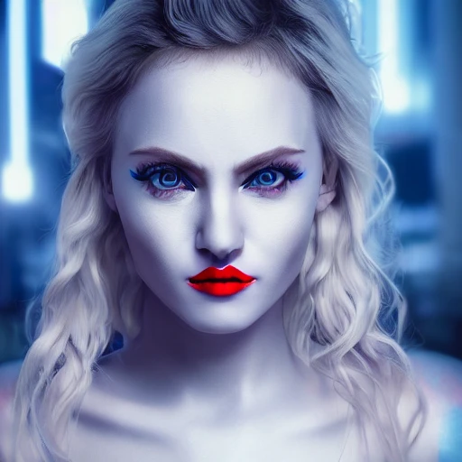 very detailed Hyper realistic photo of a cute young woman blonde face, blue eyes, red lips, face center, happy, cyberpunk, detailled face, tattoo, 8k, cinematic lighting, sharp focus, 