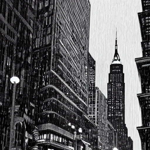 high quality illustration, black and white, raining in new-york, empire state building, downtown city, 8k, cinematic lighting, very fine detail, sharp focus