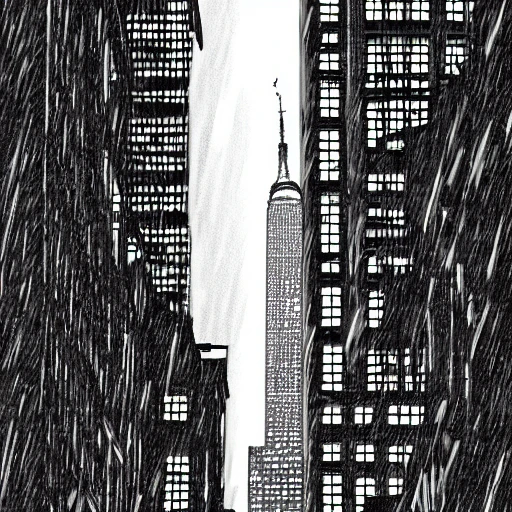 high quality illustration, black and white, raining in new-york, empire state building, downtown city, 8k, cinematic lighting, very fine detail, sharp focus