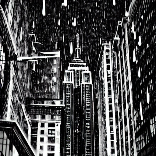 high quality illustration, black and white, raining in new-york, empire state building, downtown city, 8k, cinematic lighting, very fine detail, sharp focus