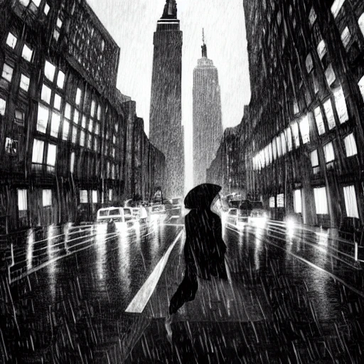 high quality illustration, black and white, raining in new-york, empire state building, downtown city, day, 8k, cinematic lighting, very fine detail, sharp focus