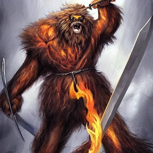 hairy monster, evil, d&d, huge sword, fire