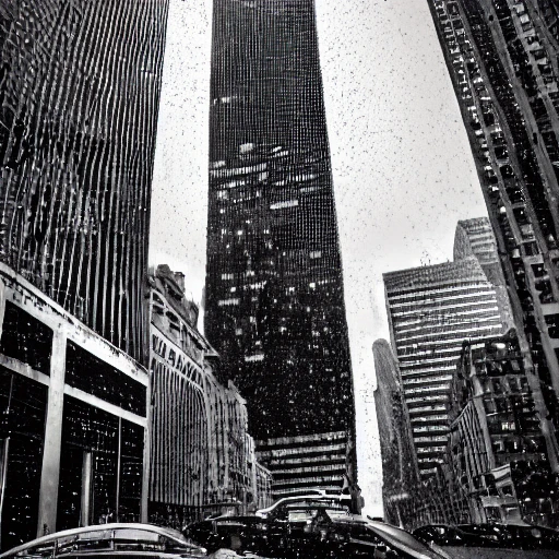 high quality illustration, black and white, raining in new-york, world trade center, downtown city, day, 8k, cinematic lighting, very fine detail, sharp focus, 