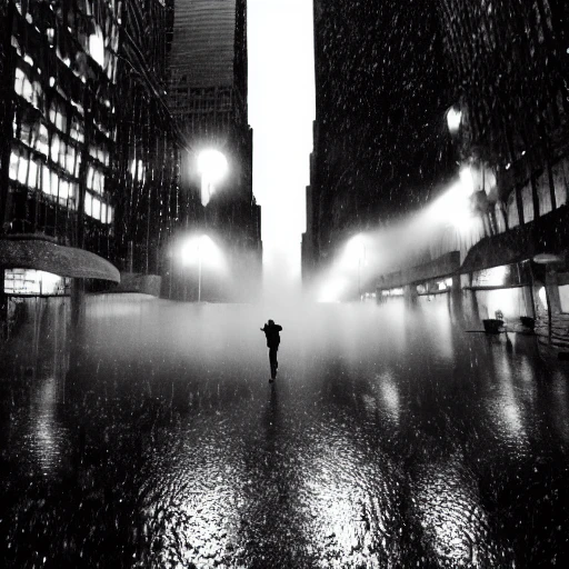 artistic photography, black and white, raining in new-york, world trade center, downtown city, camera 16mm, cinematic lighting, volumetric lighting, dynamic composition, 