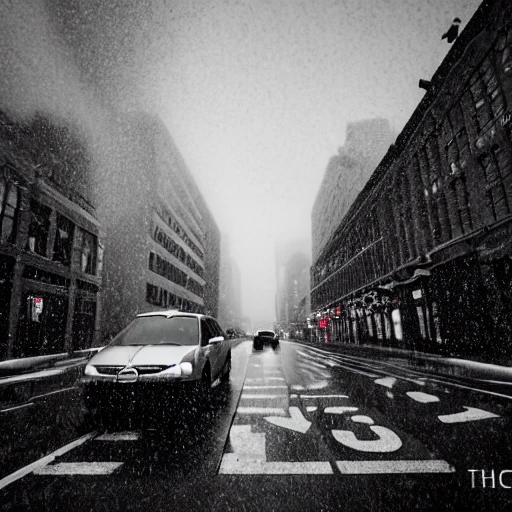 artistic photography, black and white, raining in new-york, downtown city, camera 16mm, cinematic lighting, volumetric lighting, dynamic composition