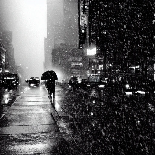 artistic photography, black and white, raining in new-york, downtown city, movie camera film, cinematic lighting, volumetric lighting, dynamic composition