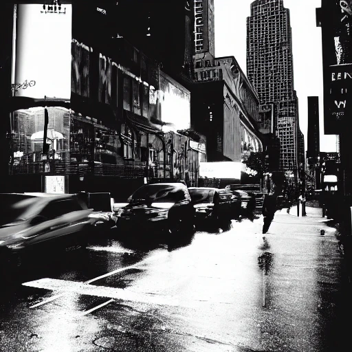 artistic photography, black and white, raining in new-york, downtown city, film strip, cinematic lighting