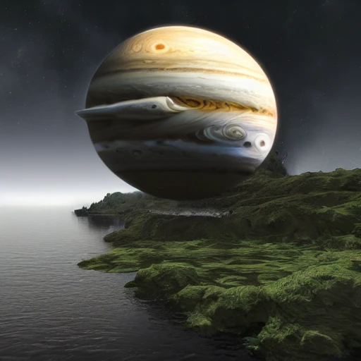 ultra realistic, fantasy, space ship landing on Jupiter