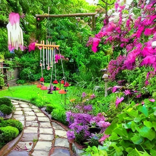 beautiful garden with wind chimes and giant flowers