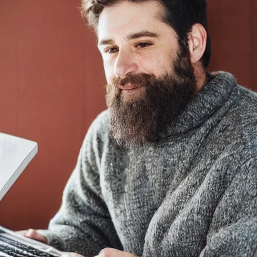 a dad with a grey furry sweater with green eyes and a beard, who is very good at math, typing on a keyboard effectively, and has brown hair
