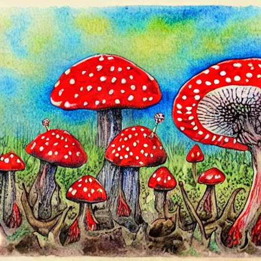 amanita muscaria and moose, Trippy, Water Color