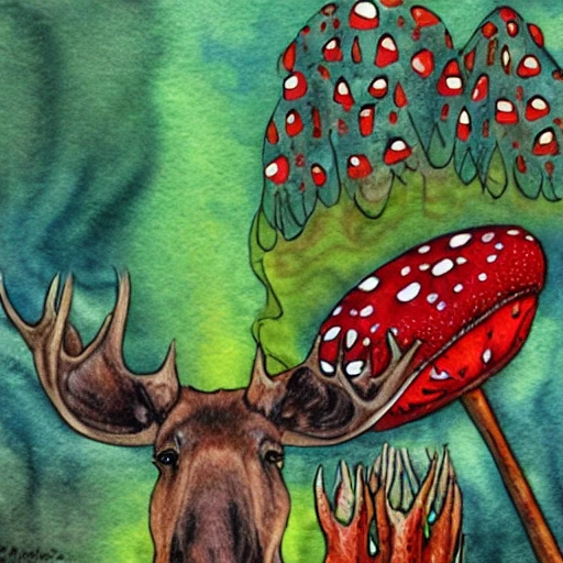 moose and amanita muscaria, Trippy, Water Color