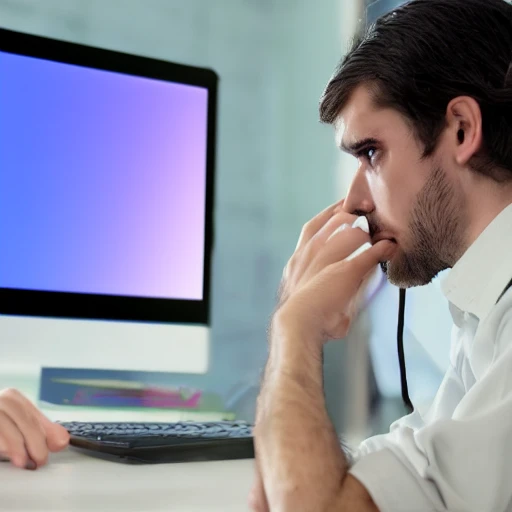 depressed programmer looking at computer screen, hyper realistic, fantasy world, matrix background