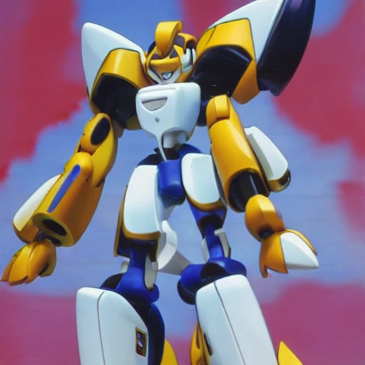 A medabot standing in cpnfident battle-ready pose in a japanese school yard with the style of 90's anime