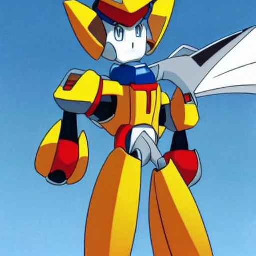 A medabot standing in confident battle-ready pose in a japanese school yard with the style of 90's anime