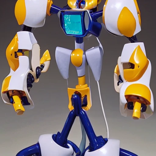 A very detailed Medabot that is standing in a robotics factory, cartoon, 90's anime, wires, flat