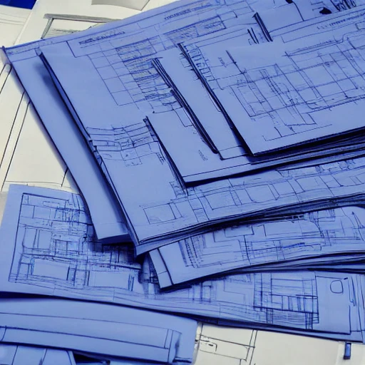 Loose pile of blueprints laying on a a desk