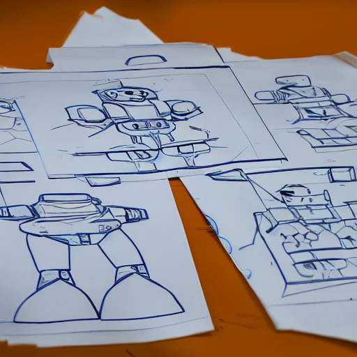 Small pile of Medabots blueprints laying on a a desk