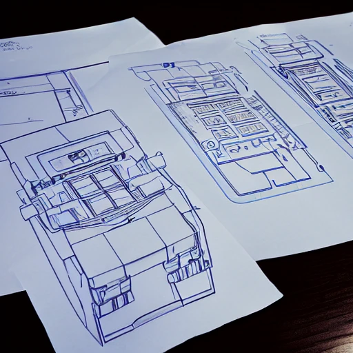 Small pile of Medabots prototype blueprints laying on a a desk