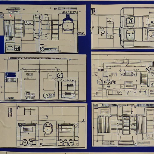 Small pile of Medabots prototype blueprints loosely laying on a a desk