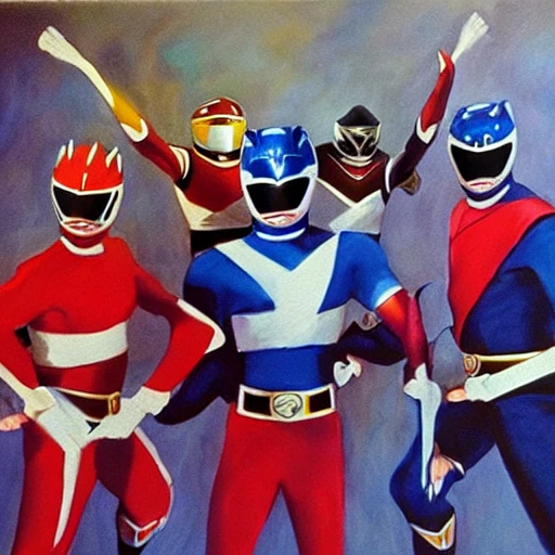 Oil painting of the original Power Rangers in battle poses, ready to fight a gang of enemies