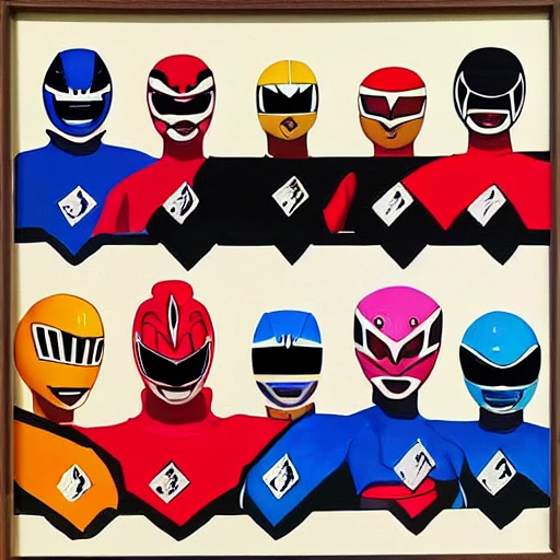 Acrylic painting of the five original Power Rangers in battle poses, ready to fight a gang of enemies