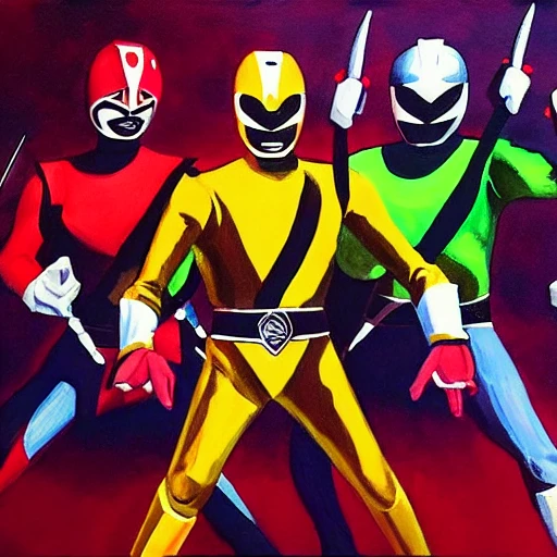 Acrylic painting of the Power Rangers in battle poses, ready to fight a gang of enemies