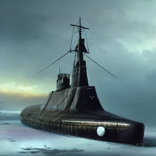 Masterpiece epic professional photo, photorealistic digital art of old nuclear submarine at the bottom of a frozen lake, painted Russian inscriptions, design by Ivan Aivazovsky Sacha Goldberger Storm Thorgerson:1.5, siberia background with nuclear plant, photorealism, detailed, volumetric lights, summer colors, blue sky, hyperdetailed, depth of field, octane render, best on artstation, cgsociety, Behance, pixiv, astonishing, impressive, outstanding, cinematic, much detail, much wow, masterpiece, Nikon Z9,  hasselblade award winner, snow