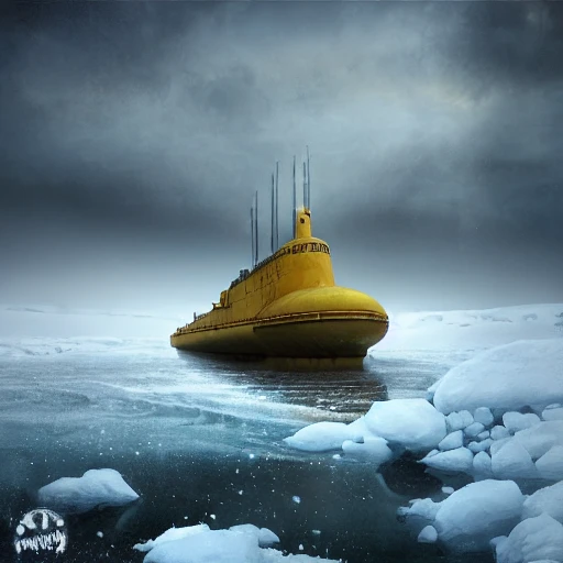 Masterpiece epic professional photo, photorealistic digital art of old yellow nuclear submarine at the bottom of a frozen lake, design by Ivan Aivazovsky Sacha Goldberger Storm Thorgerson:1.5, siberia background with nuclear plant, photorealism, detailed, volumetric lights, summer colors, blue sky, hyperdetailed, misty, octane render, best on artstation, cgsociety, Behance, pixiv, astonishing, impressive, outstanding, cinematic, much detail, much wow, masterpiece, Nikon Z9,  hasselblade award winner, snow